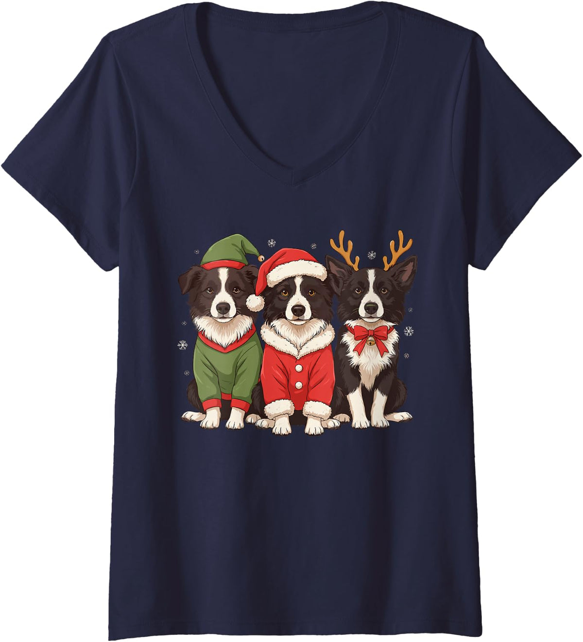 Women's Funny Border Collie Christmas Puppies Elf Santa Reindeer V-Neck T-Shirt - Navy Blue