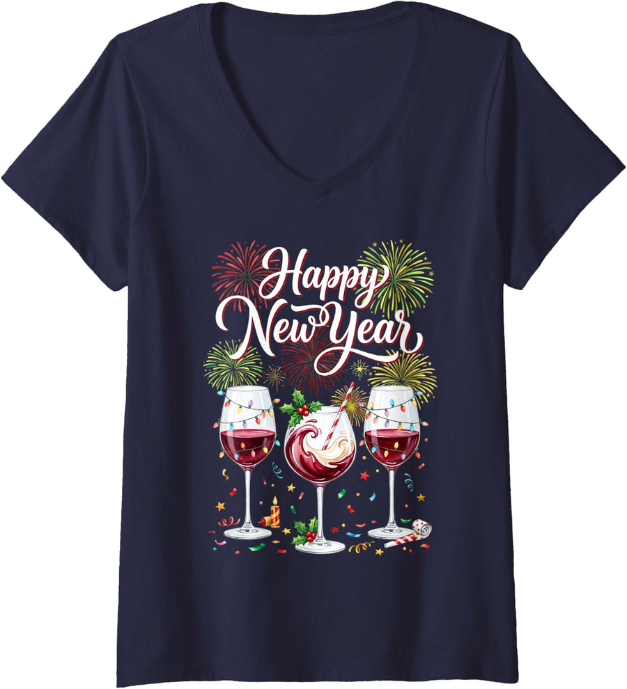 Women's Happy New Year 2026 New Years Eve Fireworks Glasses of Wine V-Neck T-Shirt - Navy Blue