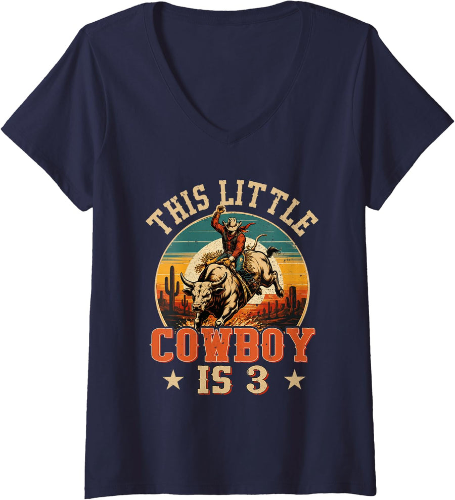 Women's 3 Years Old Bull Riding Lover 3rd Birthday Cowboy Theme V-Neck T-Shirt - Navy Blue