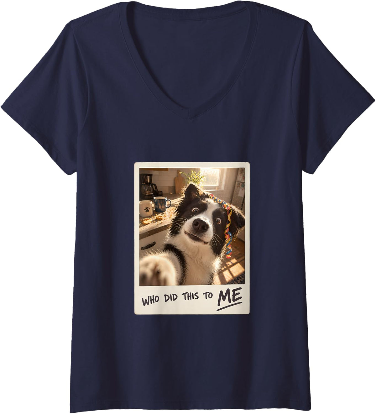 Women's Who Did This to Me Funny Hangover Border Collie V-Neck T-Shirt - Navy Blue