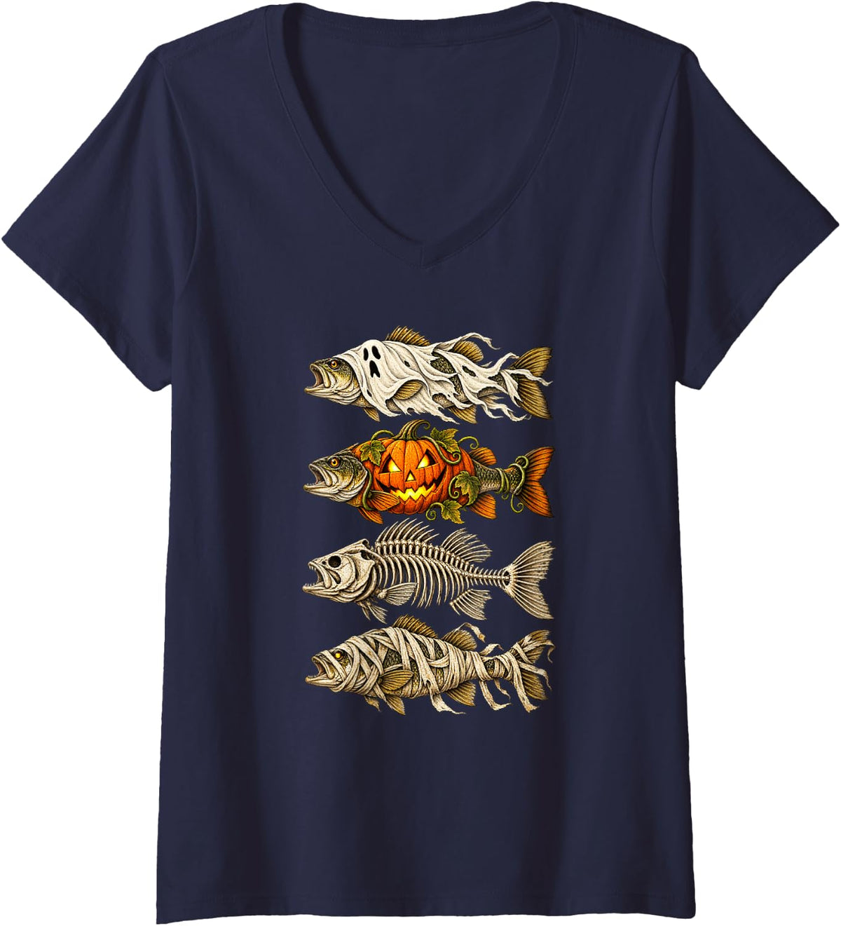 Women's Halloween Fishing Skeleton Fish Mummy Jack O Lantern V-Neck T-Shirt - Navy Blue