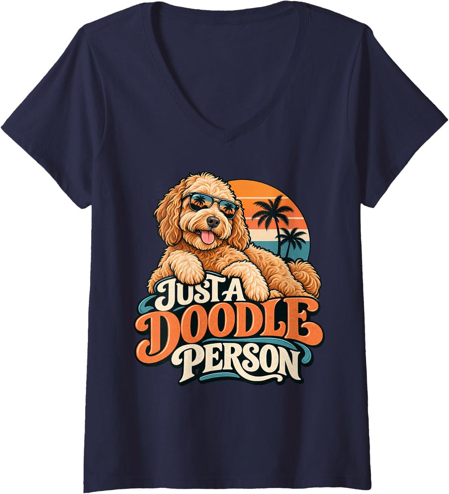 Women's Just A Doodle Lover Person Goldendoodle Beach Sunglasses Dog V-Neck T-Shirt - Navy Blue