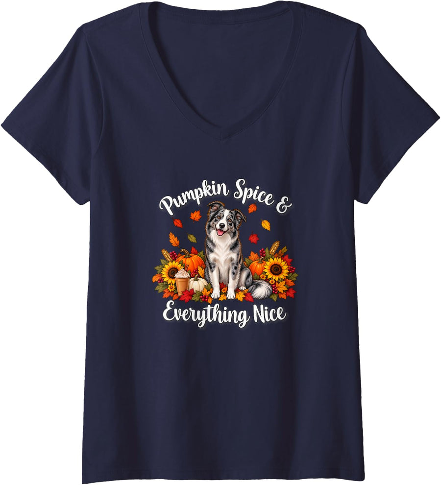 Women's Womens Mom Fall Pumpkin Spice Blue Merle Border Collie Lover V-Neck T-Shirt - Navy Blue