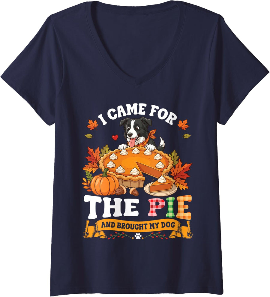 Women's I Came for The Pie and Brough My Border Collie Dog Thankful V-Neck T-Shirt - Navy Blue