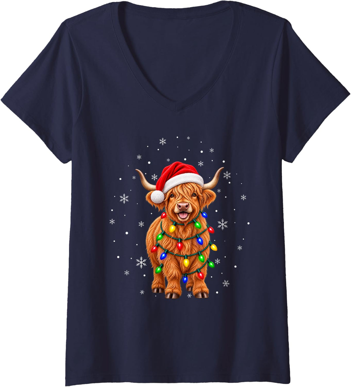 Women's Highland Cow Christmas Tree Lights Pajama Santa Xmas V-Neck T-Shirt - Navy Blue