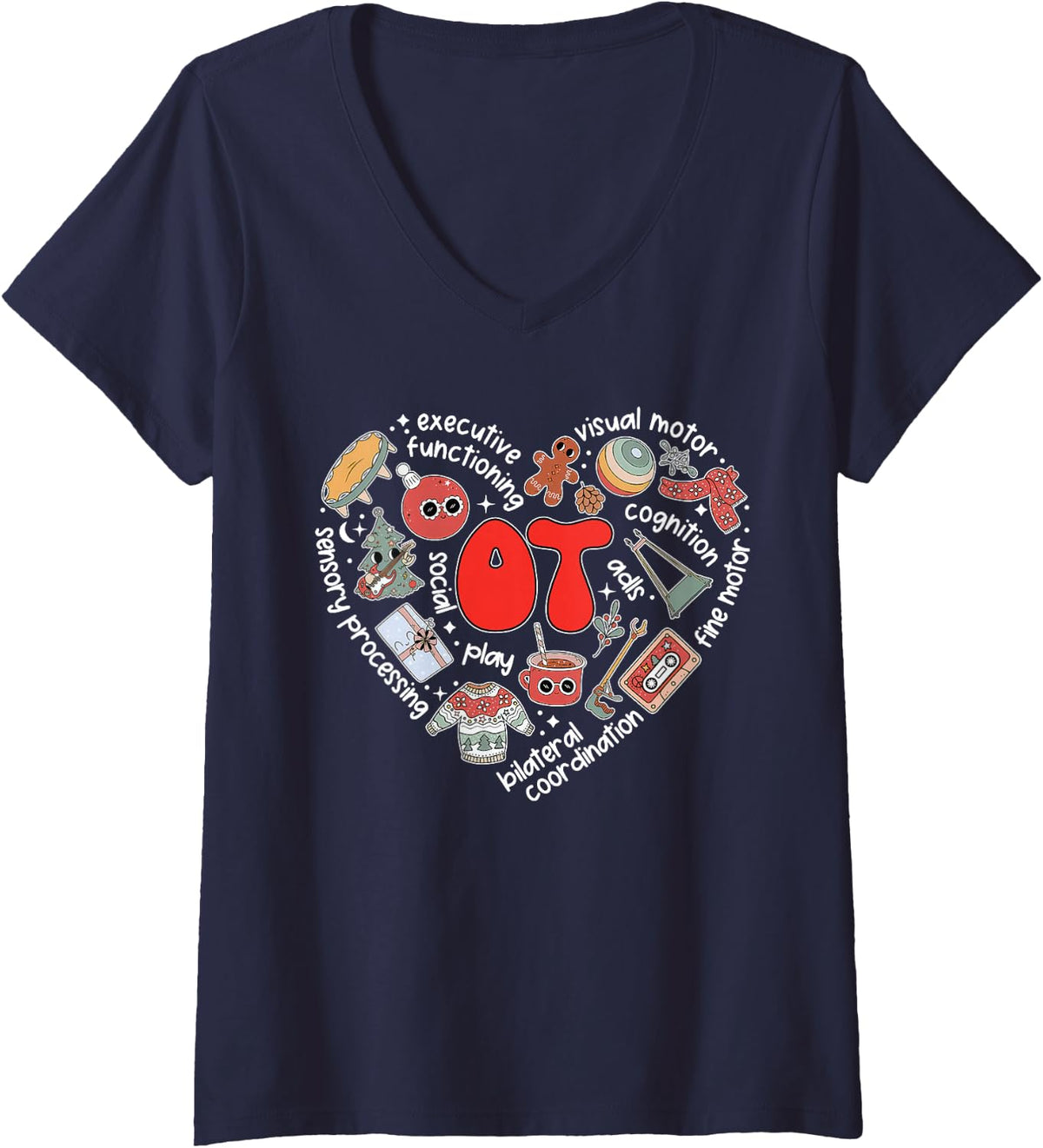 Women's OT Occupational Therapy Heart Christmas OT Therapist Xmas V-Neck T-Shirt - Navy Blue