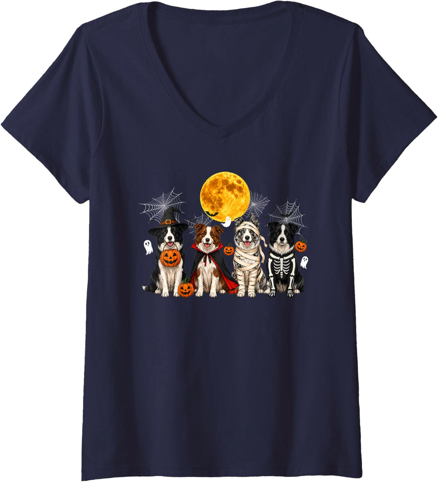 Women's Funny Halloween Border Collie Dog Ghost Witch Mummy Vintage V-Neck T-Shirt - Navy Blue