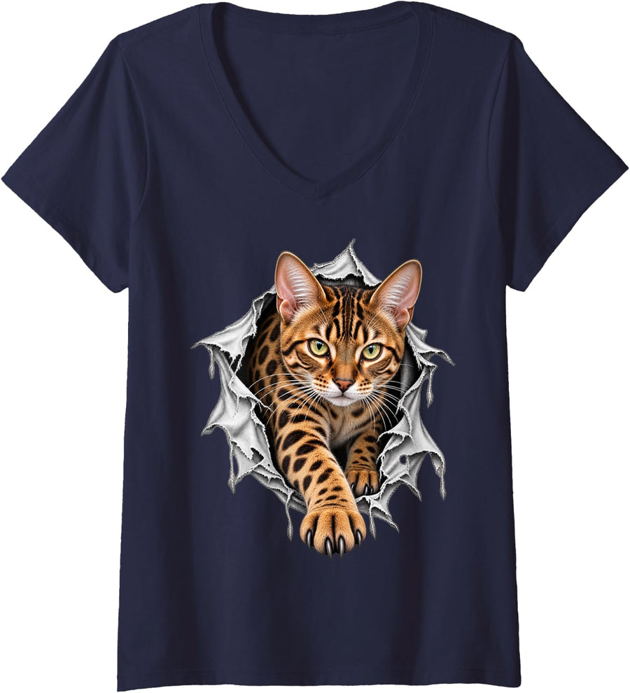 Women's Cute Bengal Cat Stepping Out from Ripped Design V-Neck T-Shirt - Navy Blue