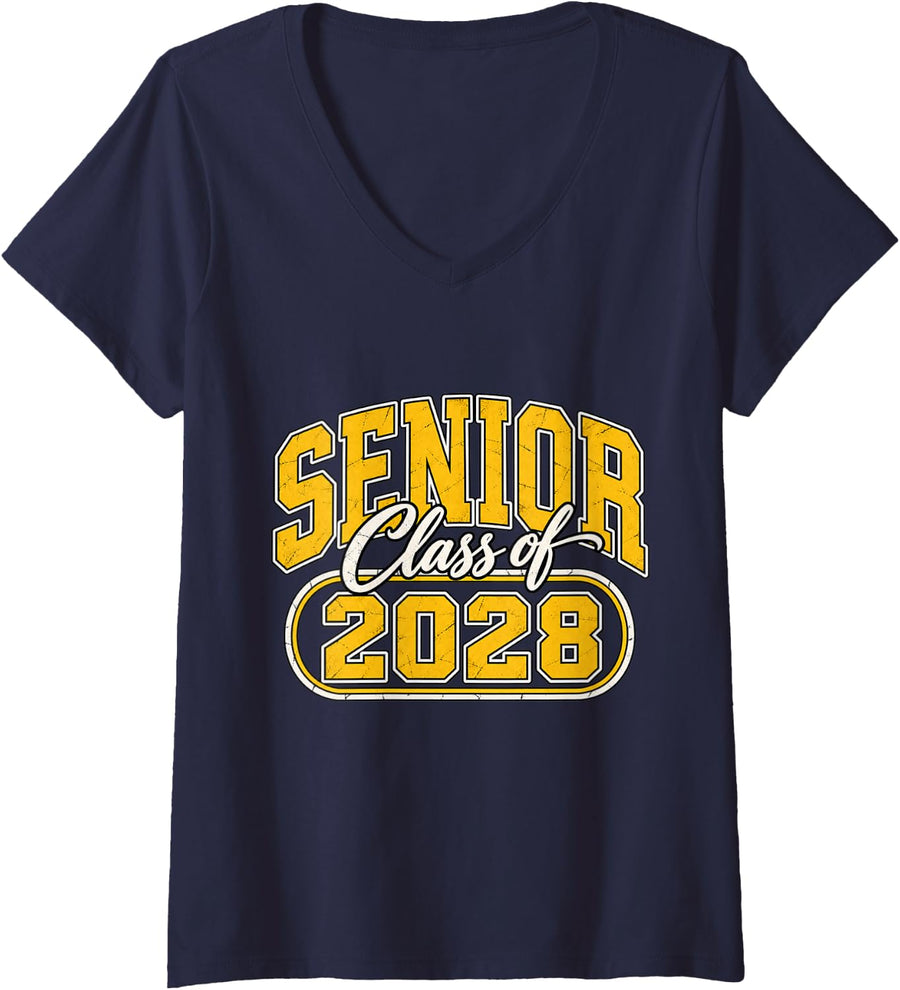 Women's Class of 2028 Vintage High School Graduation Senior 2028 V-Neck T-Shirt - Navy Blue