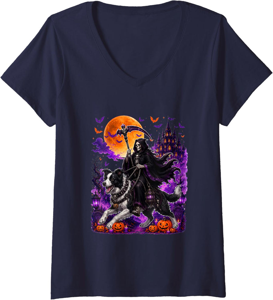 Women's Horror Skeleton Ridding Border Collie Halloween Owner Family V-Neck T-Shirt - Navy Blue