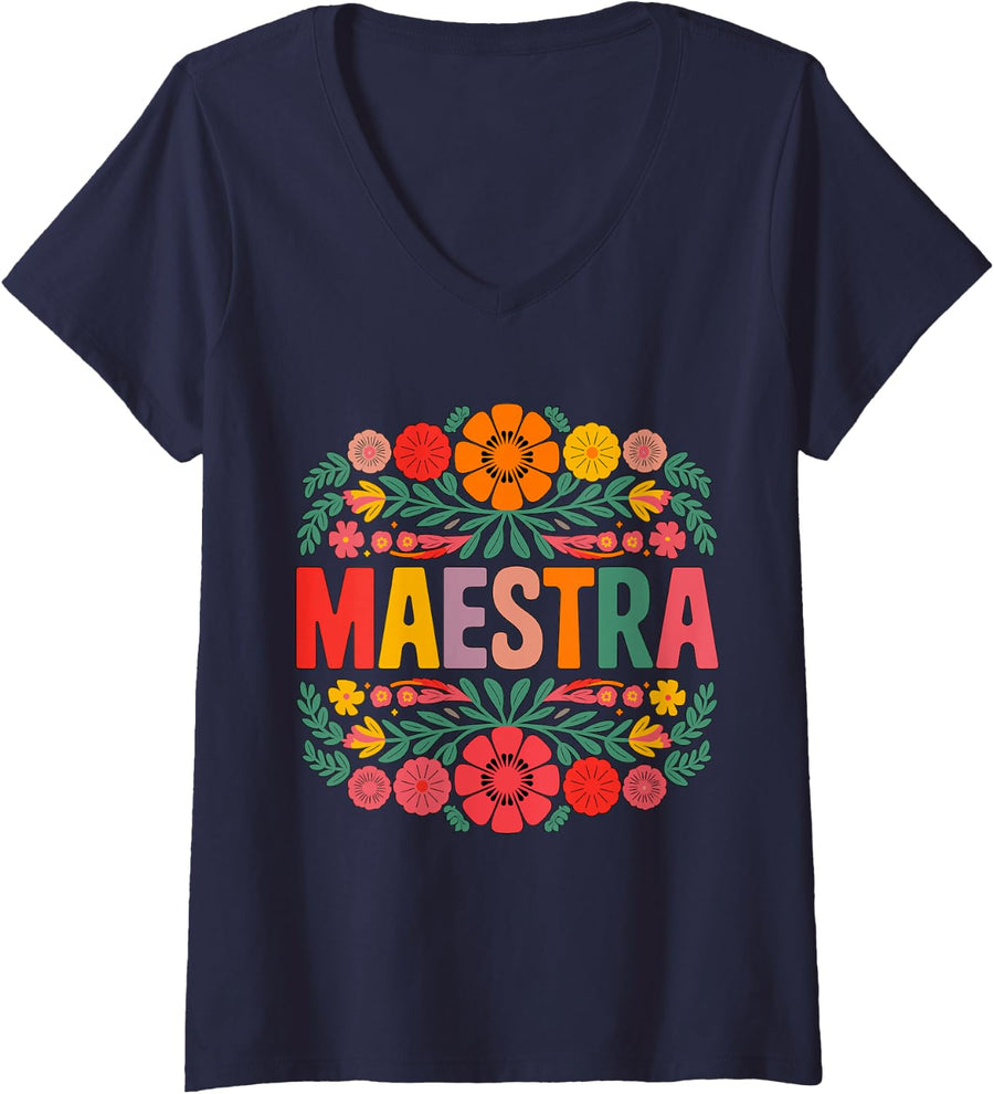 Women's Maestra Spanish Teacher Bilingual V-Neck T-Shirt - Navy Blue