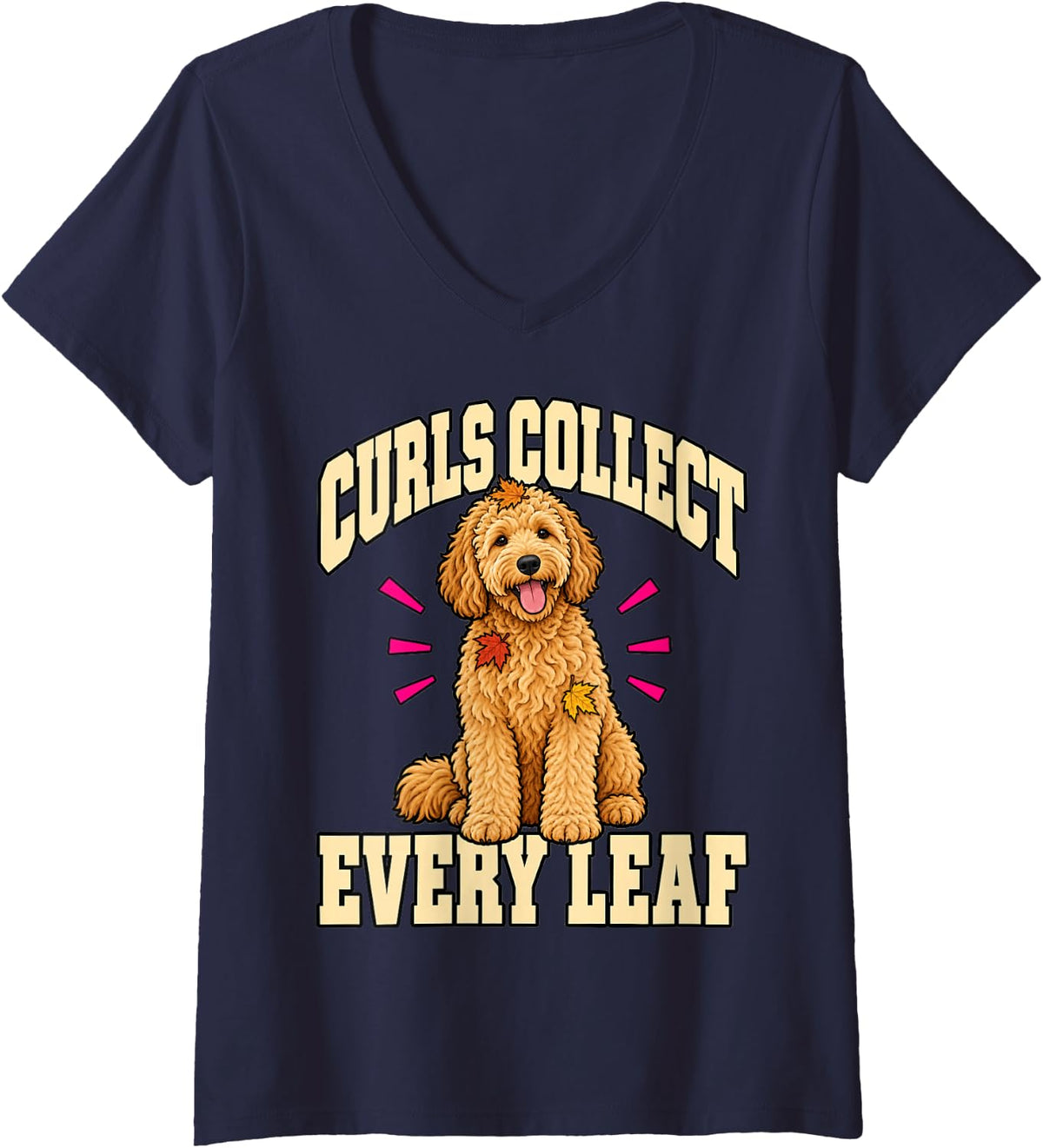 Women's Goldendoodle Curls Collect Every Leaf Doodle Mom Humor Puppy V-Neck T-Shirt - Navy Blue