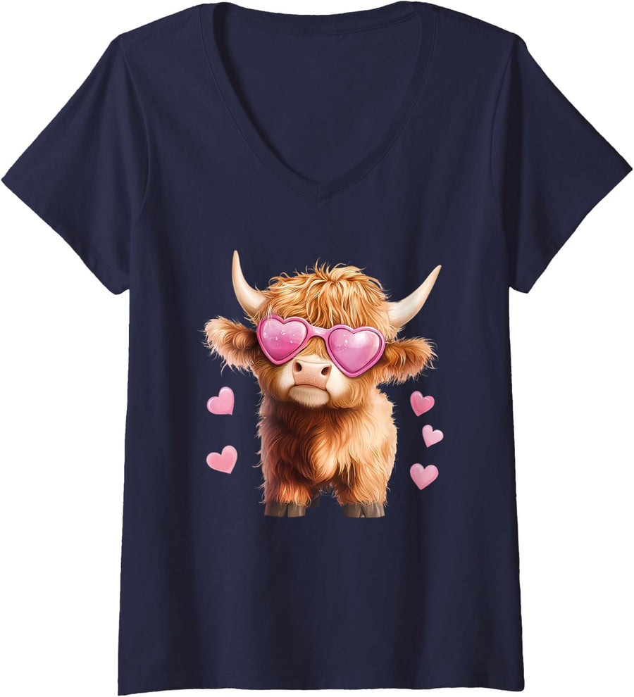 Women's Funny Valentines Day Cow Heart Cute Scottish Highland Cow V-Neck T-Shirt - Navy Blue