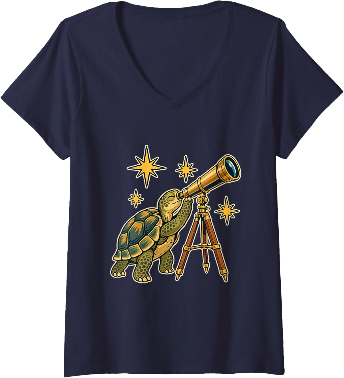 Women's Telescope Tortoise Stargazing Astronomy Animal Design V-Neck T-Shirt - Navy Blue