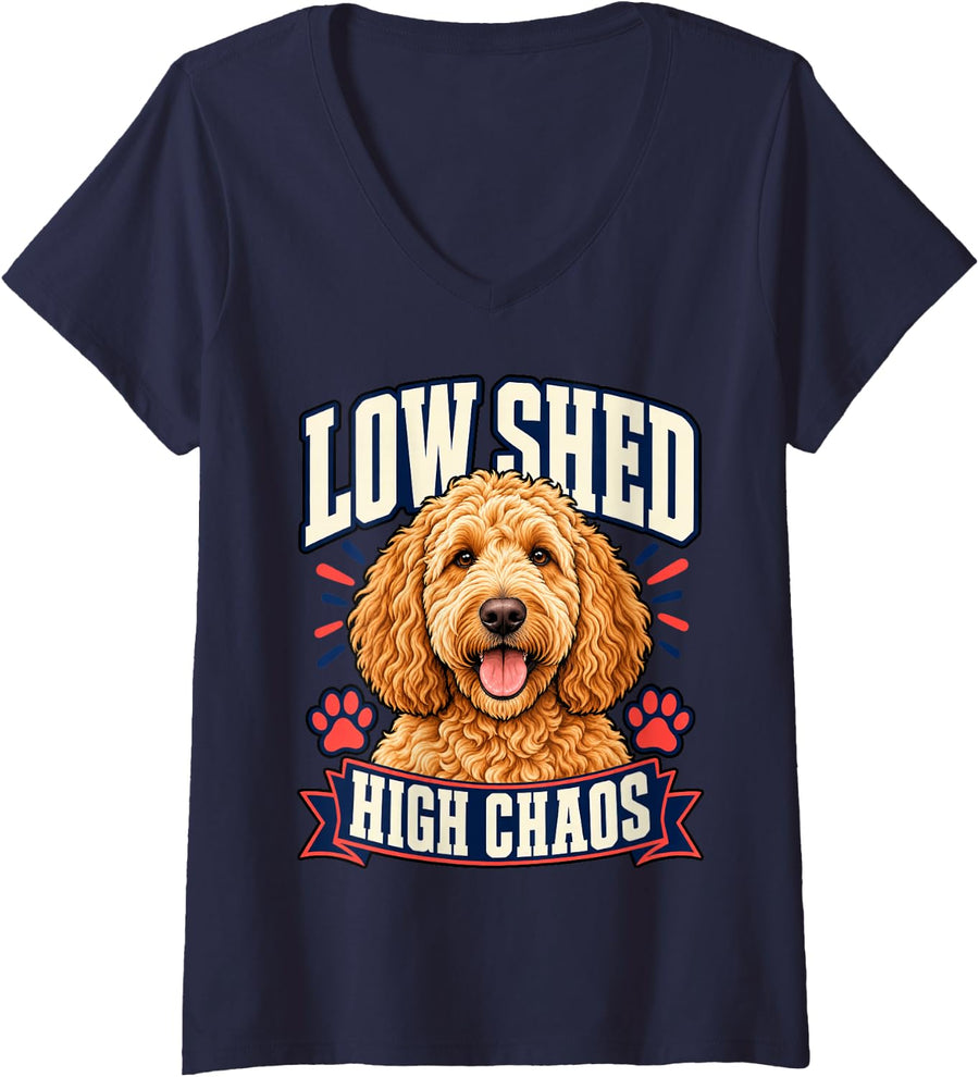 Women's Goldendoodle Low Shed High Chaos Doodle Dad Funny Curly V-Neck T-Shirt - Navy Blue