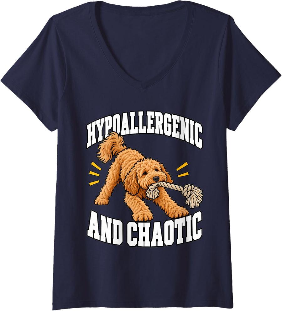 Women's Goldendoodle Hypoallergenic and Chaotic Doodle Dad Funny V-Neck T-Shirt - Navy Blue