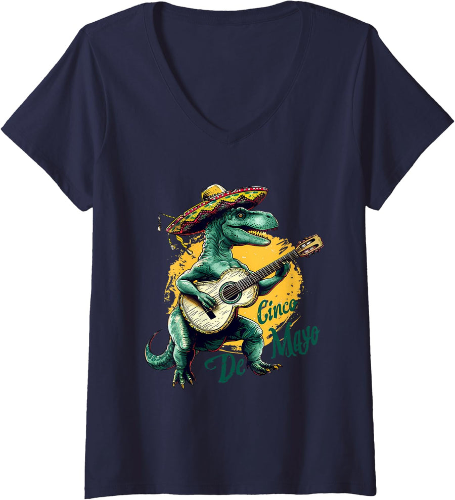 Women's Mexican Fiesta Sombrero Costume Dinosaur Cinco De Mayo Party V-Neck T-Shirt - Navy Blue
