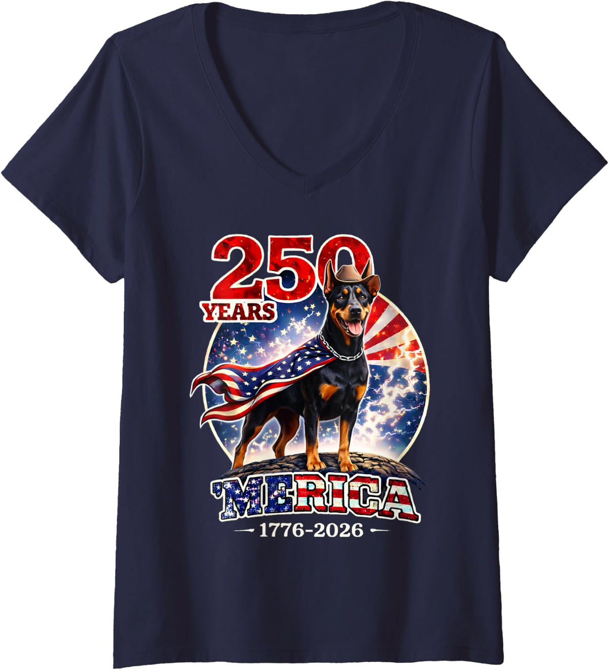 Women's 250 Years of Freedom Doberman Pinscher Dog 1776-2026 4th of V-Neck T-Shirt - Navy Blue