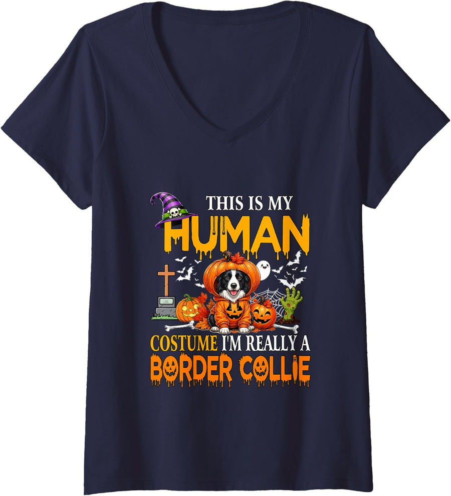 Women's Funny Human Costume I'm Really A Border Collie Halloween V-Neck T-Shirt - Navy Blue