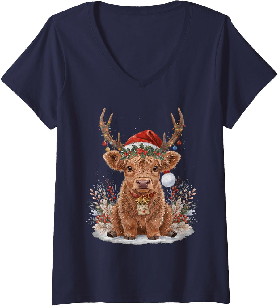 Women's Merry Christmas Highland Cow Lover Santa Holiday V-Neck T-Shirt - Navy Blue
