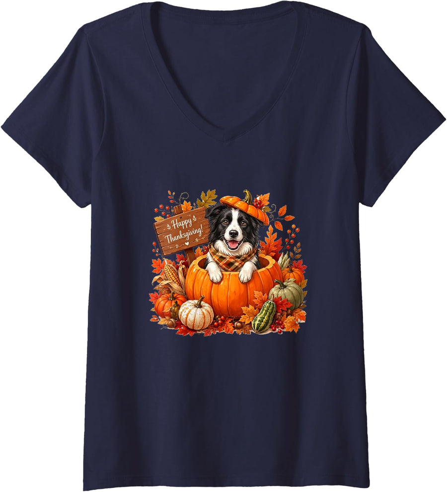 Women's Border Collie Inside Pumpkin Fall Leaves Thanksgiving Owner V-Neck T-Shirt - Navy Blue