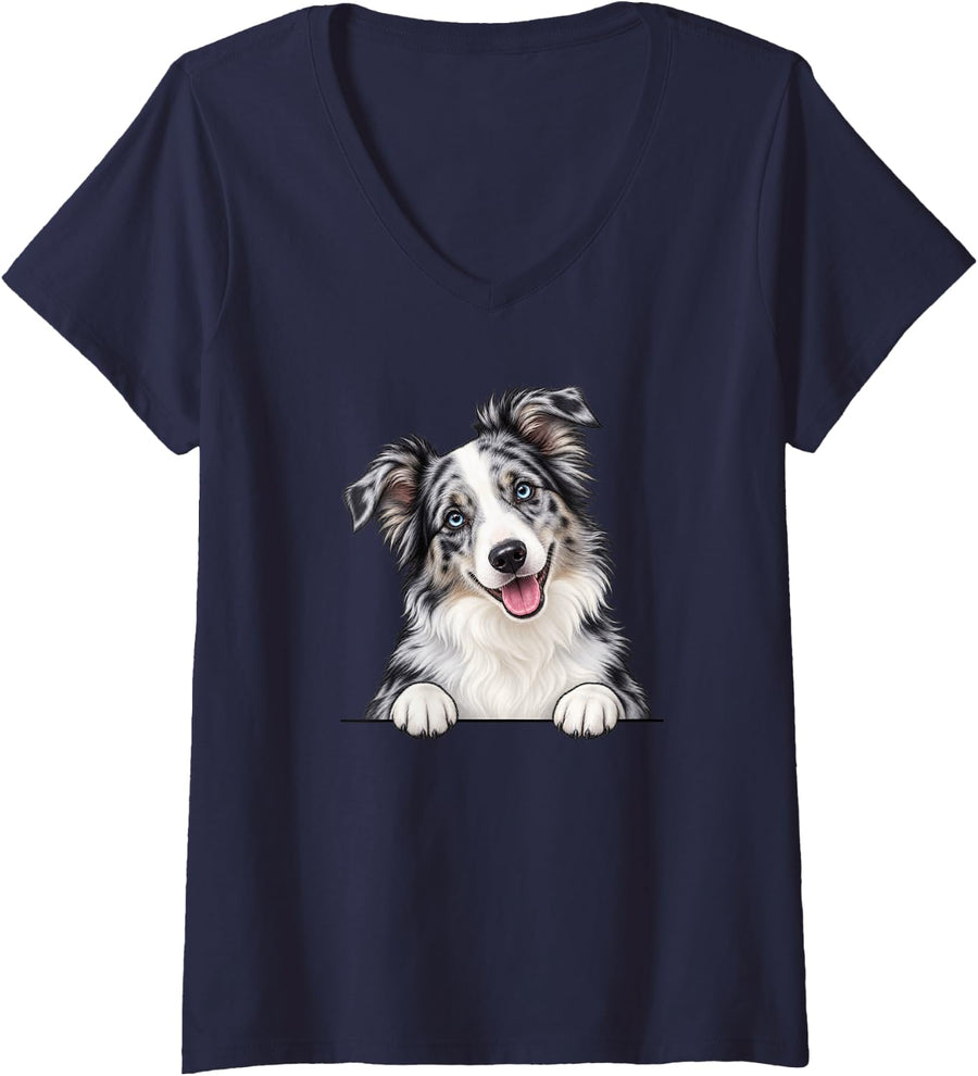 Women's Womens Mom Peeking Pocket Blue Merle Border Collie Lover V-Neck T-Shirt - Navy Blue