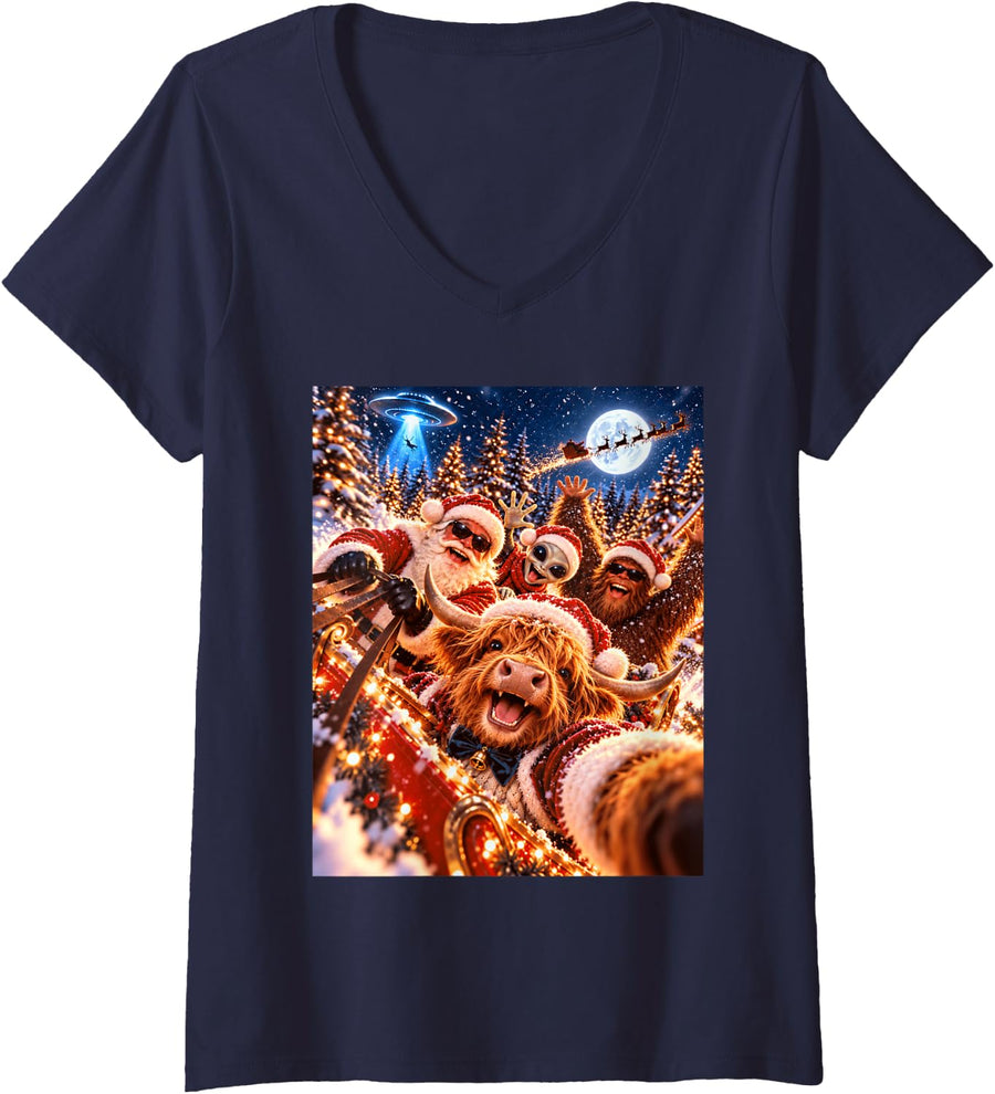 Women's Joyful Highland Cow Santa Christmas Selfie UFO Graphic V-Neck T-Shirt - Navy Blue