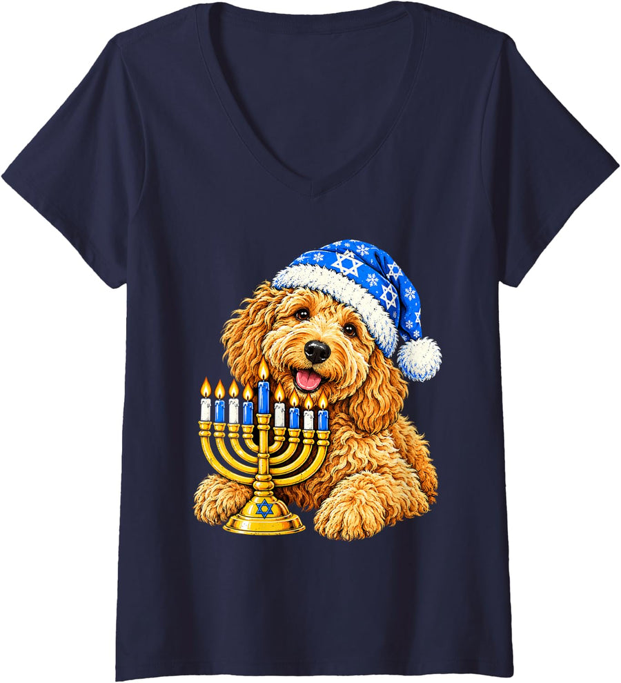 Women's Hanukkah Dog Goldendoodle Chanukah Jewish Jew Hebrew Culture V-Neck T-Shirt - Navy Blue