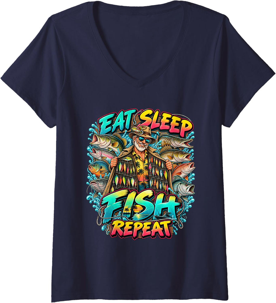 Women's Eat Sleep Fish Repeat Fisherman Angler Fishing Lover Dad V-Neck T-Shirt - Navy Blue