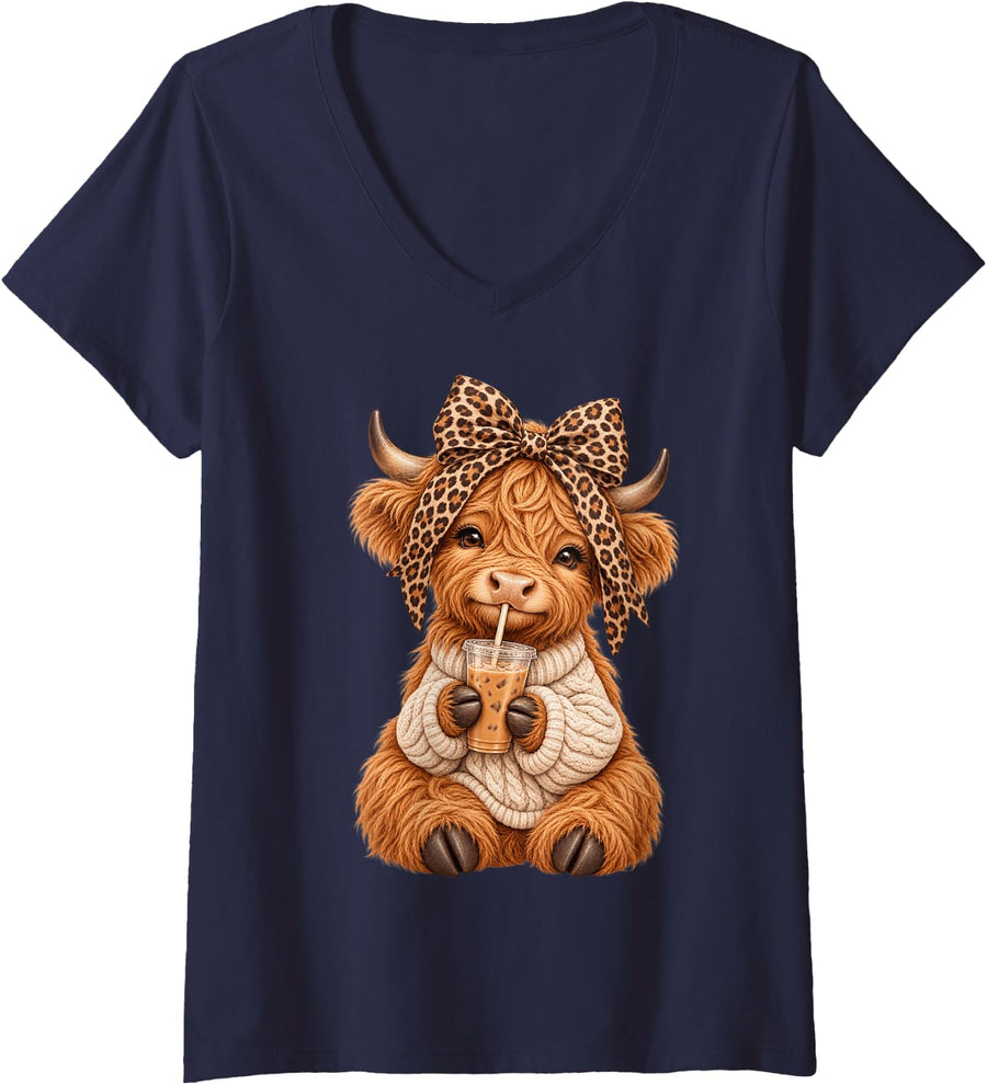 Women's Funnny Highland Cow Iced Coffee Leopard Bow Cute Cowgirl V-Neck T-Shirt - Navy Blue