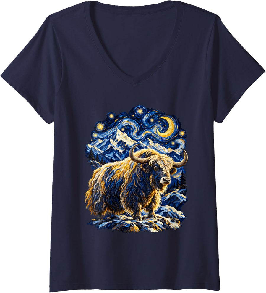 Women's Starry Night Van Gogh Mountain Yak Wildlife V-Neck T-Shirt - Navy Blue