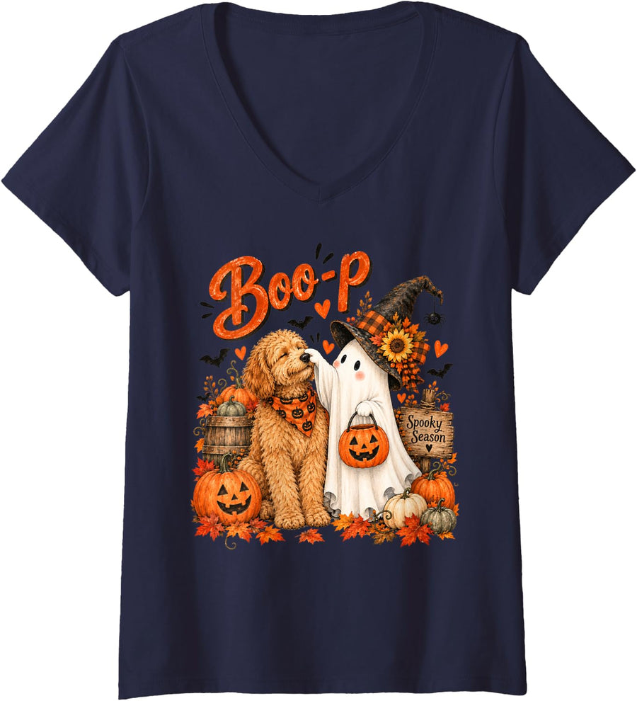 Women's Boo-P Goldendoodle Halloween Funny Ghost Dog Humor V-Neck T-Shirt - Navy Blue