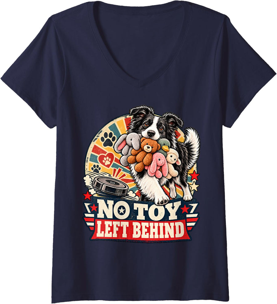 Women's No Toy Left Behind Border Collie Robot Vacuum Funny Dog V-Neck T-Shirt - Navy Blue