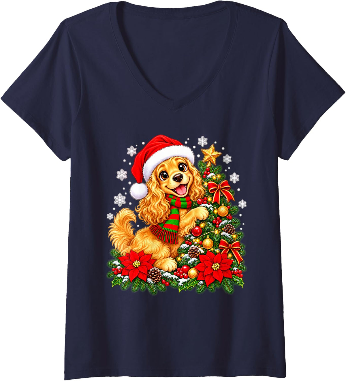 Women's Christmas Tree Cocker Spaniel Santa Hat Men Women Kids V-Neck T-Shirt - Navy Blue