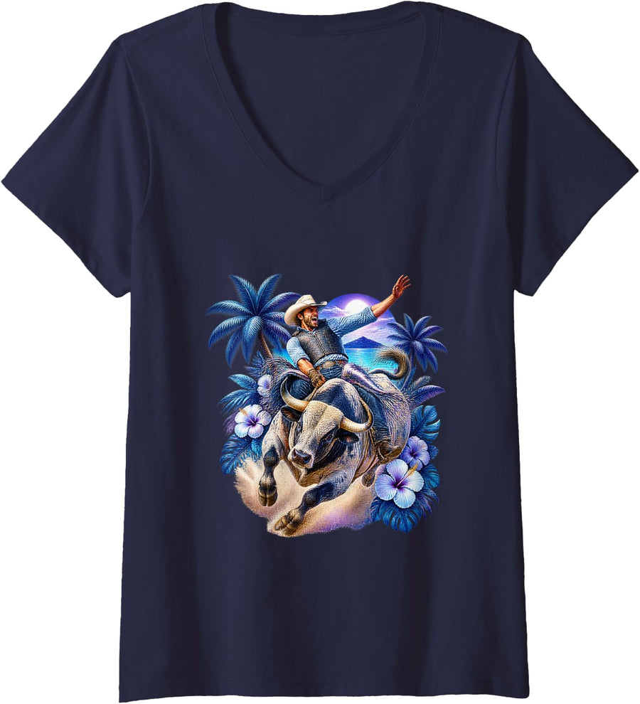 Women's Rugged Cowboy Riding a Tropical Bull V-Neck T-Shirt - Navy Blue