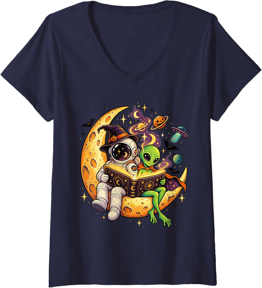 Women's Halloween Astronaut Alien Reading On The Moon Astronomy V-Neck T-Shirt - Navy Blue