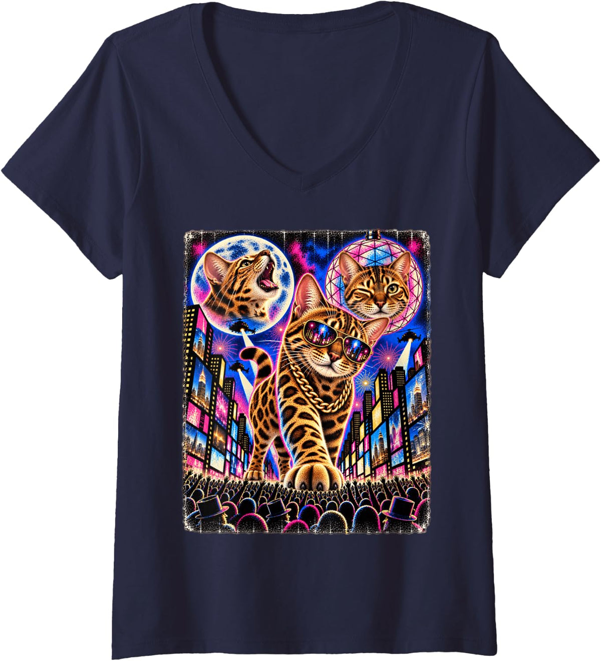 Women's Bengal Cat Times Square Hip Hop Party Cool Sunglasses Chain V-Neck T-Shirt - Navy Blue