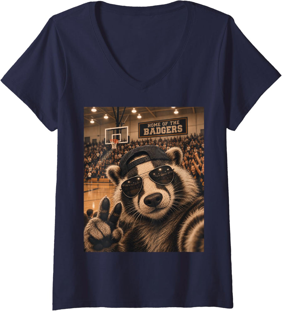 Women's Badger Selfie Funny Basketball Vintage Game Day Cool Mascot V-Neck T-Shirt - Navy Blue