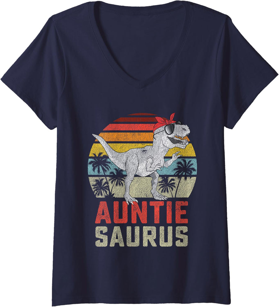 Womens Auntiesaurus T Rex Dinosaur Auntie Saurus Family Matching V-Neck T-Shirt - Navy Blue