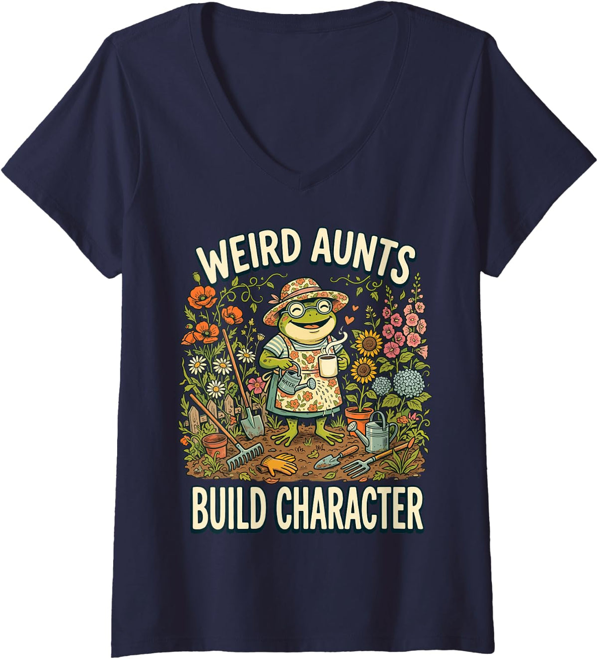 Women's Weird Aunts Build Character Funny Aunt Humor Family V-Neck T-Shirt - Navy Blue