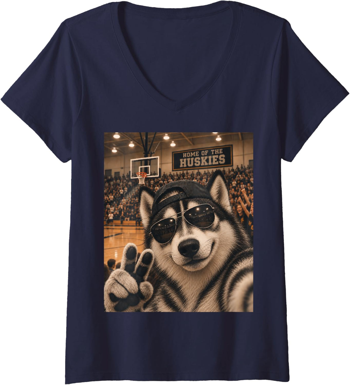 Women's Husky Selfie Funny Basketball Vintage Game Day Cool Mascot V-Neck T-Shirt - Navy Blue