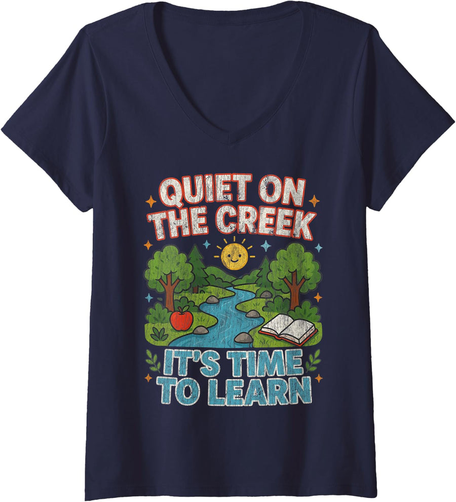 Women's Quiet on the Creek Funny Random Meme Teacher V-Neck T-Shirt - Navy Blue