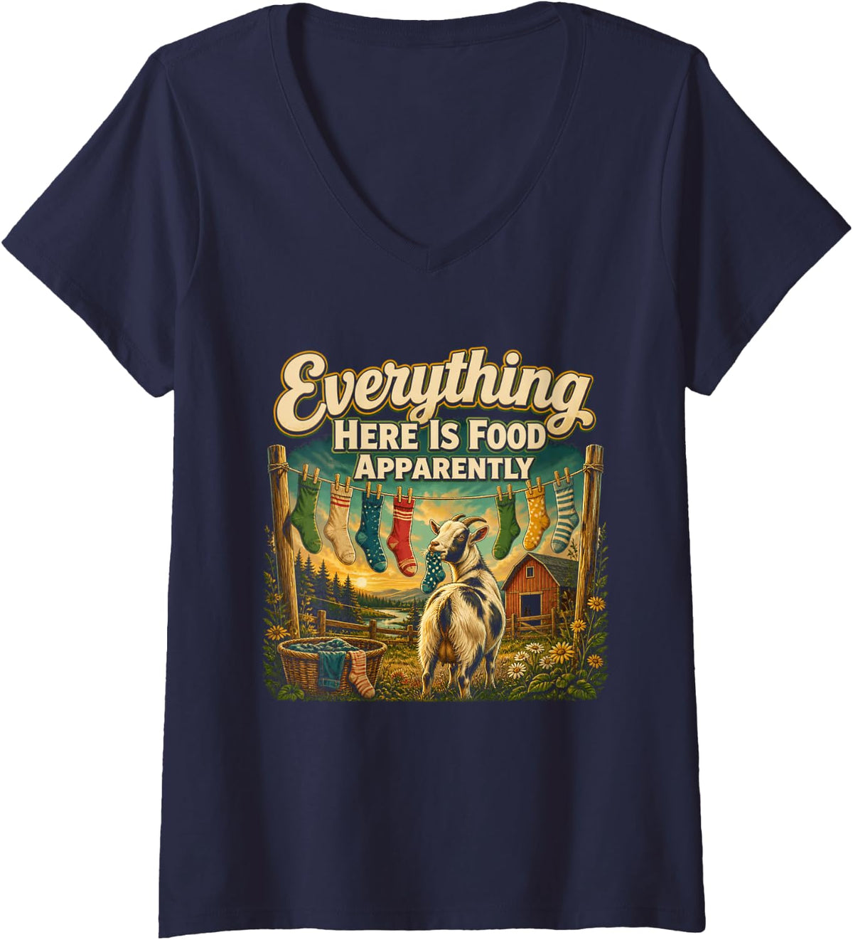Women's Everything Here is Food Apparently Funny Goat Humor V-Neck T-Shirt - Navy Blue