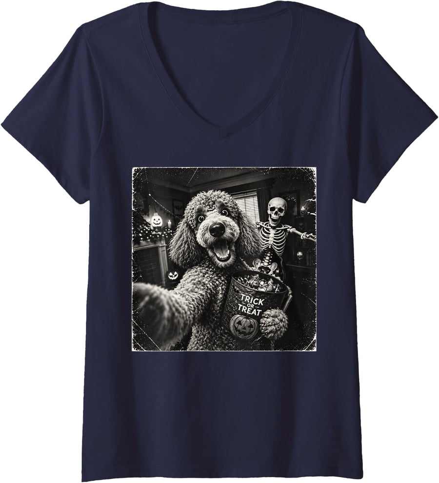 Women's Trick Or Treat Goldendoodle Dog Skeleton Selfie Halloween V-Neck T-Shirt - Navy Blue