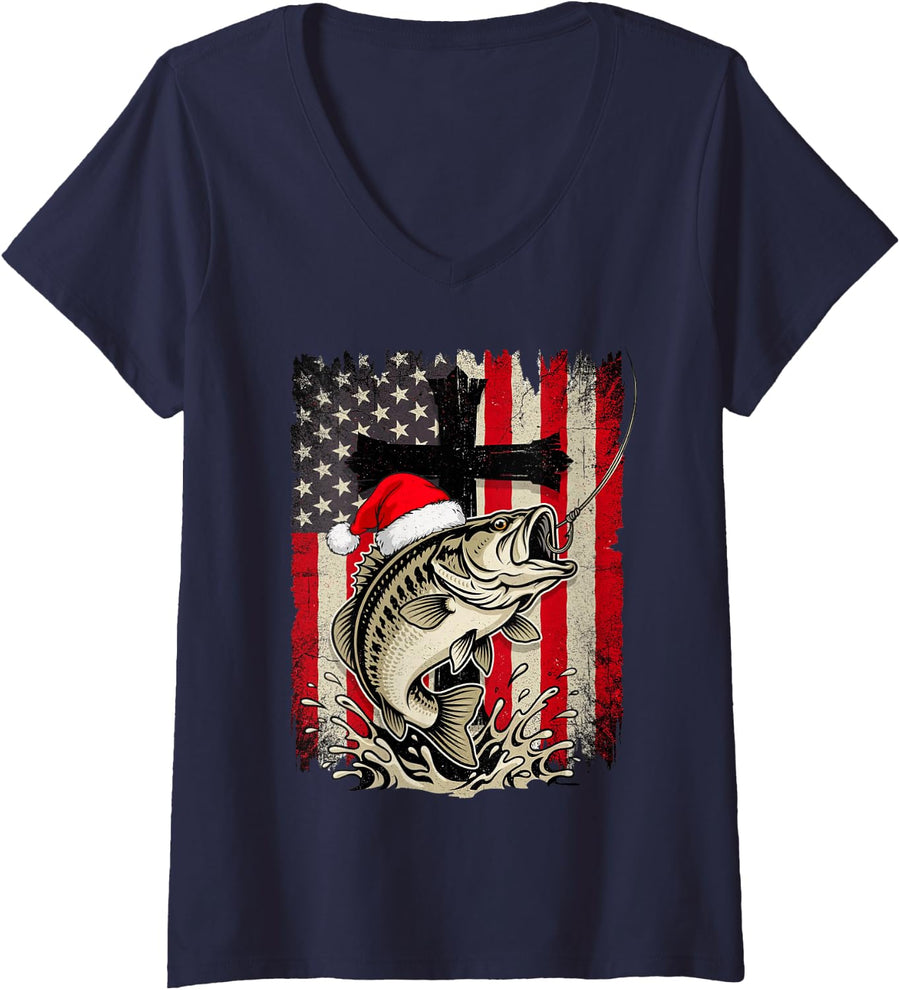 Women's Christian Fishing Christmas US Flag Cross Bass Angler V-Neck T-Shirt - Navy Blue