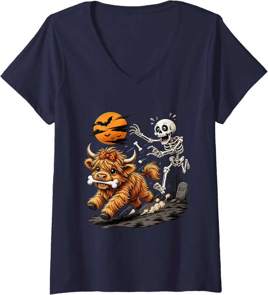Women's Cute Highland Cow Skeleton Funny Halloween Animal Lovers V-Neck T-Shirt - Navy Blue
