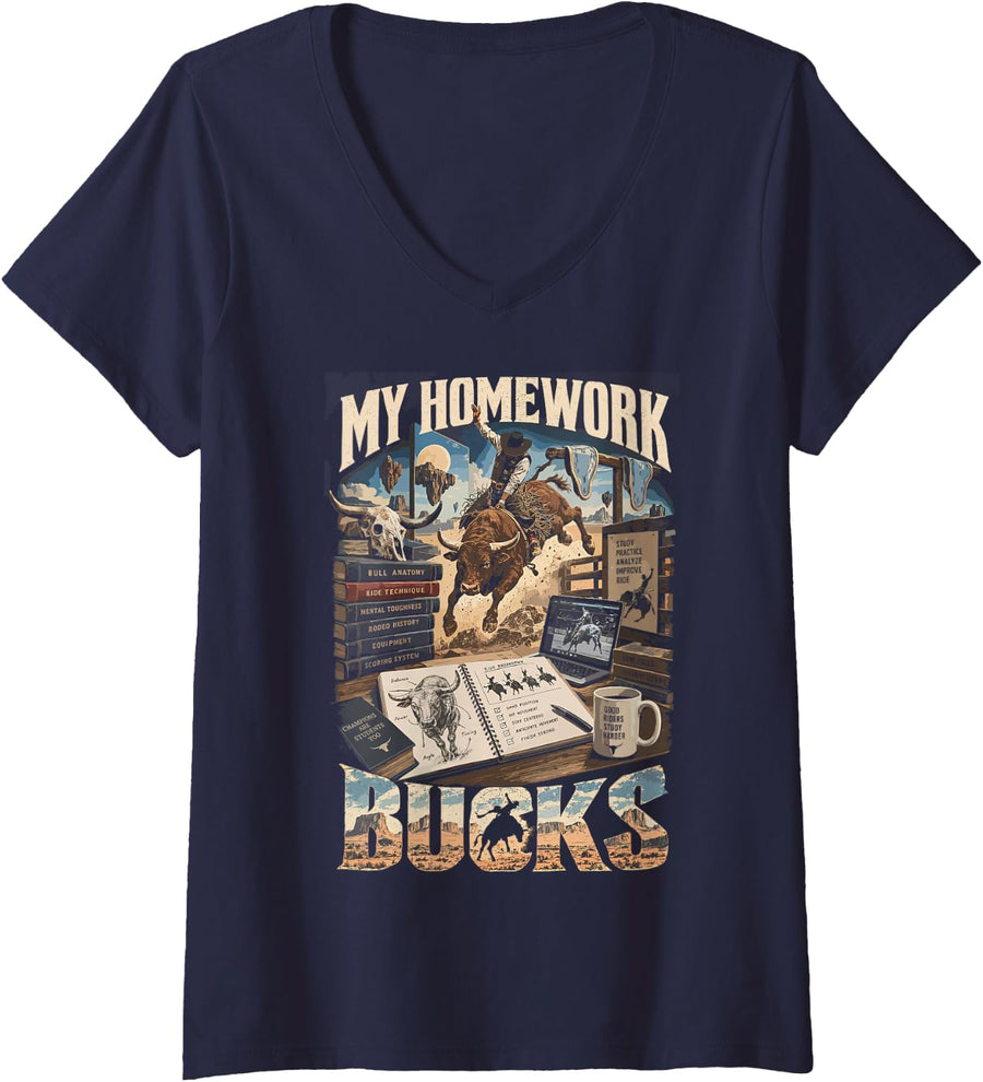 Women's Funny Bull Riding Rodeo - Bull Rider Homework Bucks V-Neck T-Shirt - Navy Blue