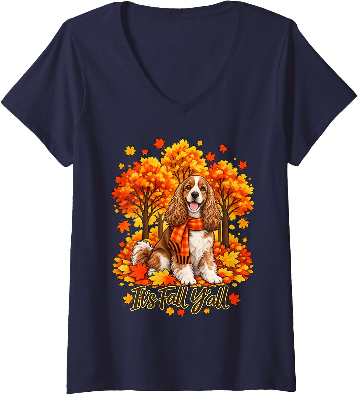 Women's It's Fall Y'all Cocker Spaniel Dog Tree Autumn Thanksgiving V-Neck T-Shirt - Navy Blue
