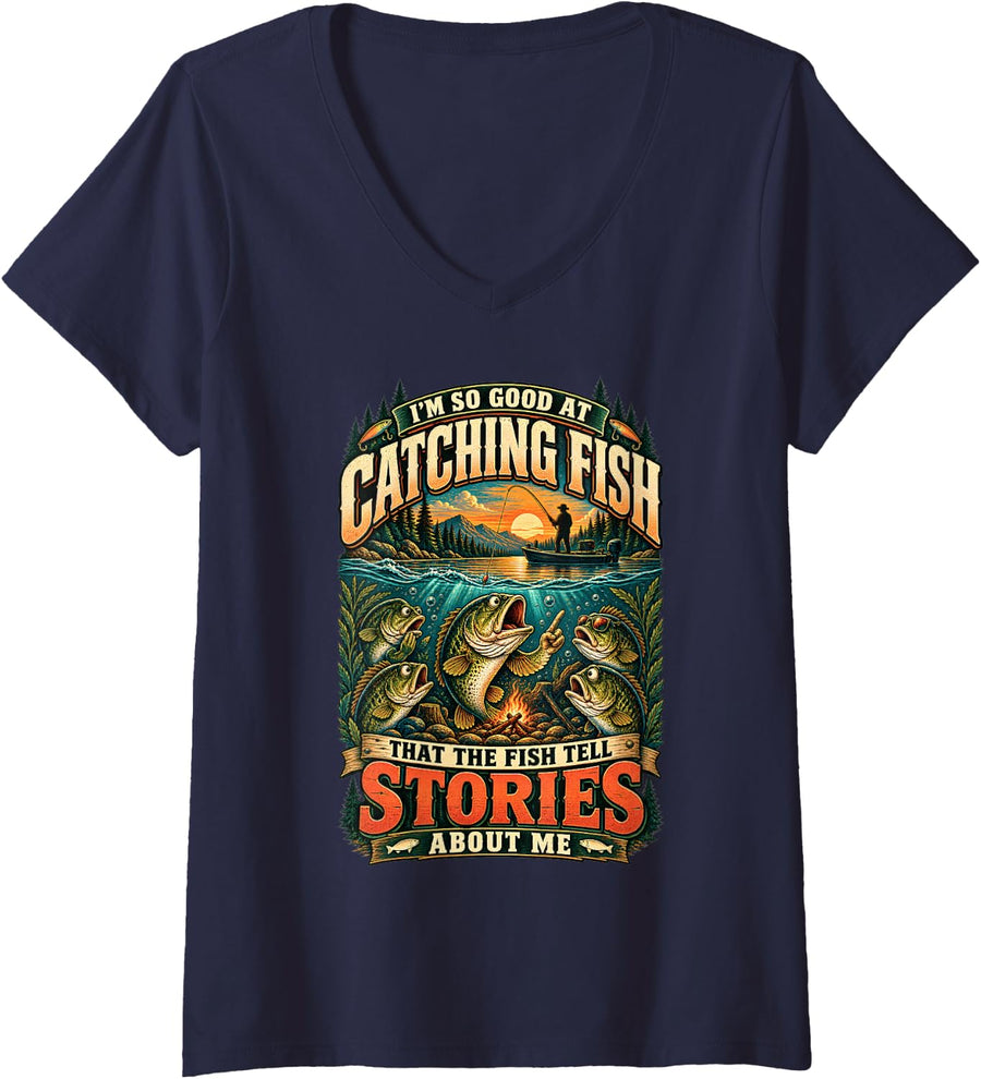 Women's Vintage Fishing Humor Fisherman Bass Lake Outdoor Design V-Neck T-Shirt - Navy Blue