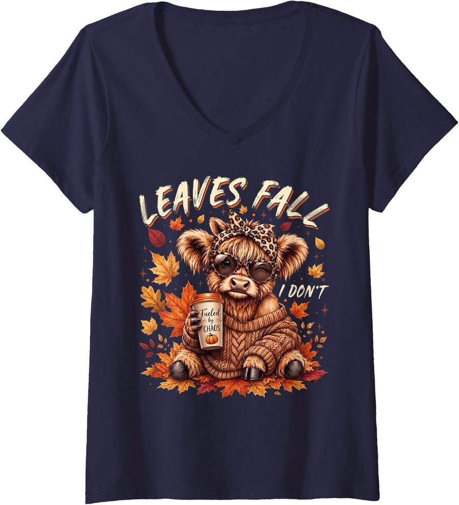 Women's Leaves Fall I Don't Cute Highland Cow Leopard Fall Autumn V-Neck T-Shirt - Navy Blue